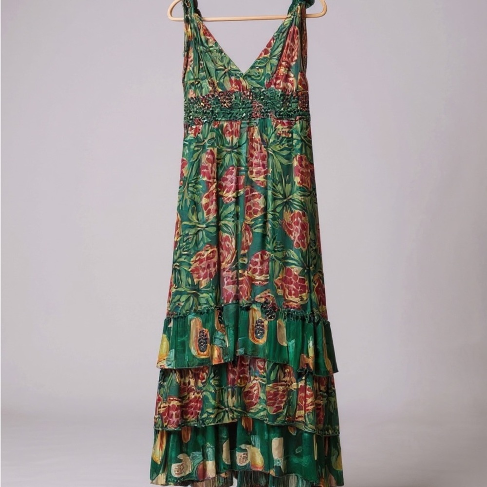 Farm Rio Pineapple Galore Dress Womens Green Maxi Smocked Boho Ruffle Tie